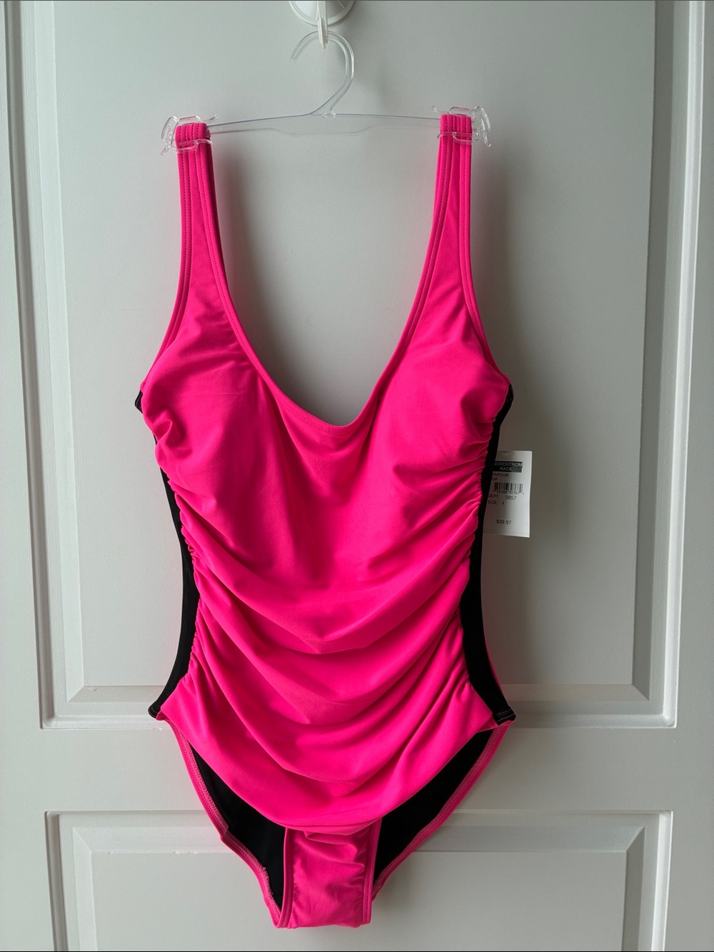 DKNY Bright Pink One-Piece Swimsuit with Black Side Panels- Size 4